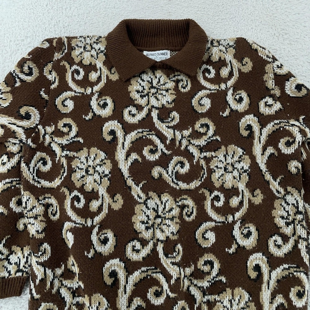 Vtg Alfred Dunner Sweater Womens Large Brown Floral‎ Knit Collared Pullover USA